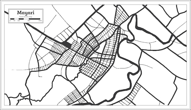 Mapa de la ciudad de mayarí cuba en color blanco y negro en estilo retro. esquema del mapa. ilustración vectorial.