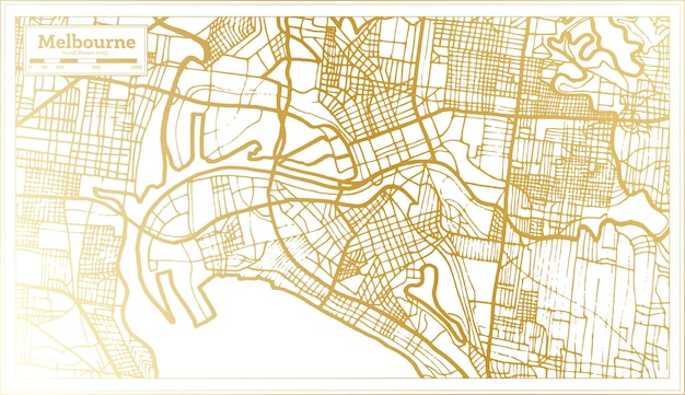 Mapa de la ciudad de Melbourne Australia en estilo retro en color dorado. Esquema del mapa. Ilustración vectorial.