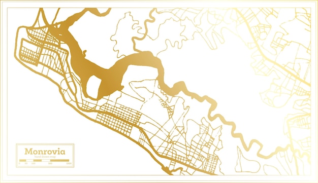 Mapa de la ciudad de Monrovia Liberia en estilo retro en color dorado Mapa de contorno