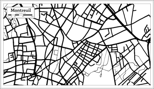 Mapa de la ciudad de montreuil francia en color blanco y negro en el mapa de esquema de estilo retro