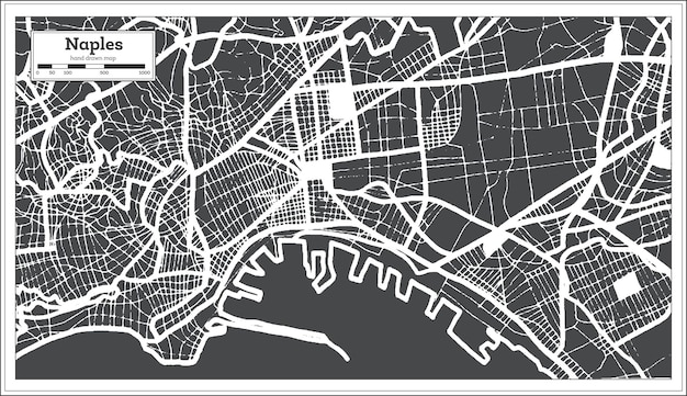 Mapa de la ciudad de Nápoles Italia en color blanco y negro en estilo retro Mapa de contorno