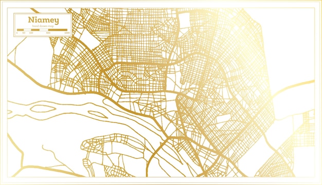 Mapa de la ciudad de niamey níger en estilo retro en color dorado mapa de contorno