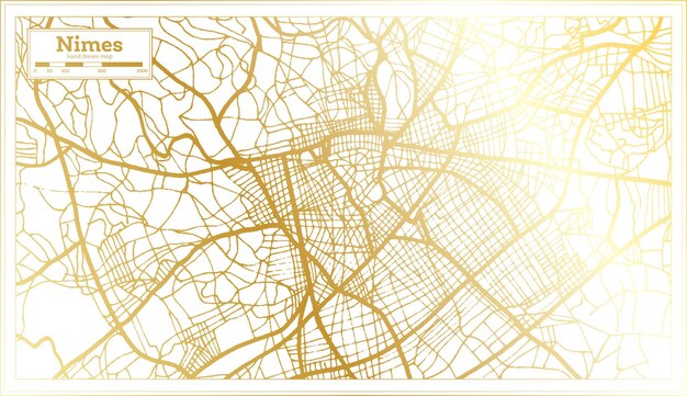 Mapa de la ciudad de Nimes Francia en estilo retro en color dorado Mapa de contorno