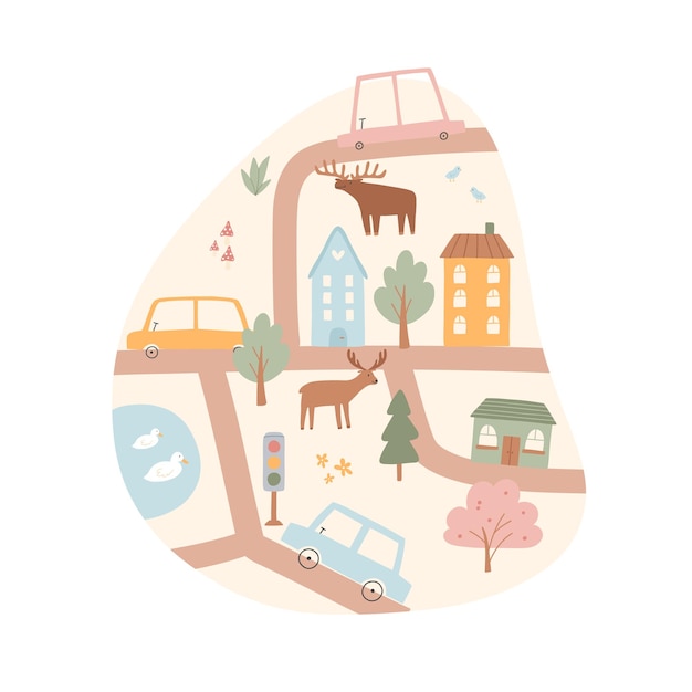 Mapa de la ciudad para niños ilustración vectorial de un mapa de la ciudad con coches montañas árboles