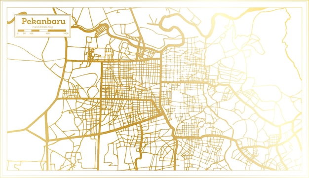 Vector mapa de la ciudad de pekanbaru indonesia en estilo retro en color dorado mapa de contorno