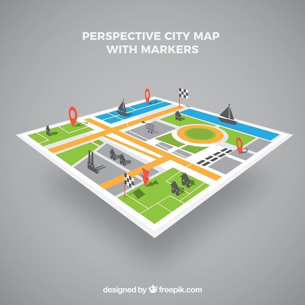 Mapa de ciudad en perspectiva con localizadores