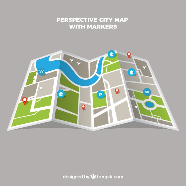 Mapa de ciudad en perspectiva con localizadores