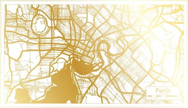 Vector mapa de la ciudad de perth australia en estilo retro en color dorado mapa de contorno