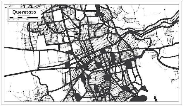 Vector mapa de la ciudad de querétaro méxico en color blanco y negro en el mapa de contorno de estilo retro