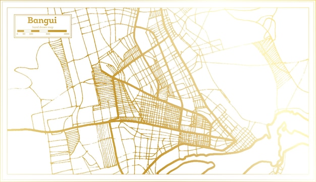 Mapa de la ciudad de la República Centroafricana de Bangui en estilo retro en color dorado Esquema Mapa Vector Ilustración