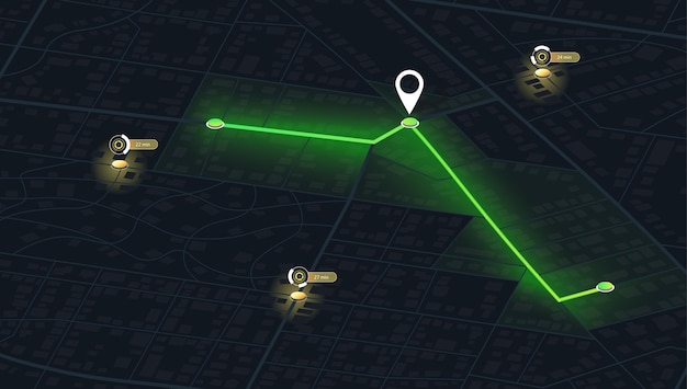 Mapa de la ciudad con la ruta desde un punto hasta el marcado por la línea verde y información sobre las calles