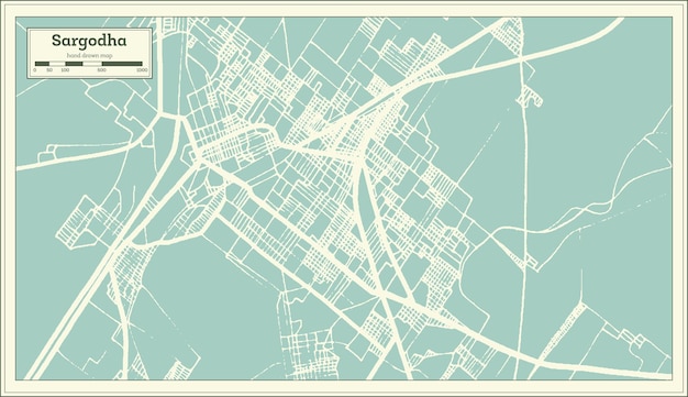 Mapa de la ciudad de sargodha pakistán en estilo retro. mapa de contorno. ilustración de vector.