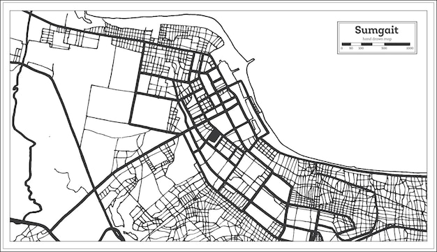 Vector mapa de la ciudad de sumgait azerbaiyán en color blanco y negro en estilo retro aislado en blanco