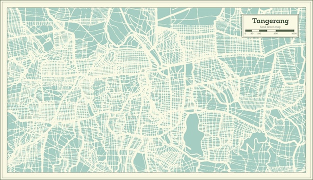 Mapa de la ciudad de Tangerang Indonesia en estilo retro. Mapa de contorno. Ilustración de vector.