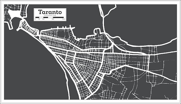 Mapa de la ciudad de taranto italia en color blanco y negro en el mapa de contorno de estilo retro