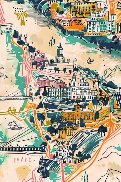 Vector mapa de la ciudad top famous sketchnote estilo mapa de viaje