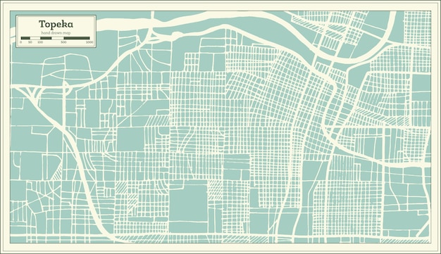 Mapa de la ciudad de Topeka Kansas Estados Unidos en estilo retro. Mapa de contorno. Ilustración de vector.