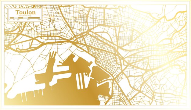 Mapa de la ciudad de Toulon Francia en estilo retro en color dorado Mapa de contorno