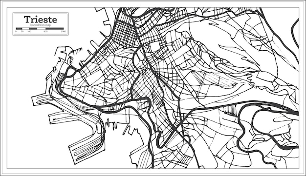 Mapa de la ciudad de trieste italia en estilo retro. mapa de contorno. ilustración de vector.