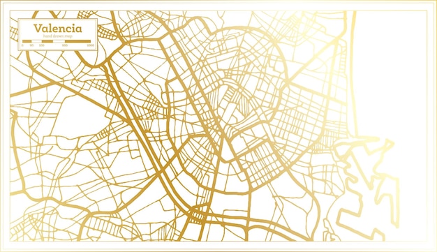 Vector mapa de la ciudad de valencia españa en estilo retro en color dorado mapa de contorno