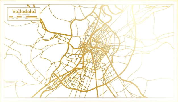 Vector mapa de la ciudad de valladolid españa en estilo retro en color dorado mapa de contorno