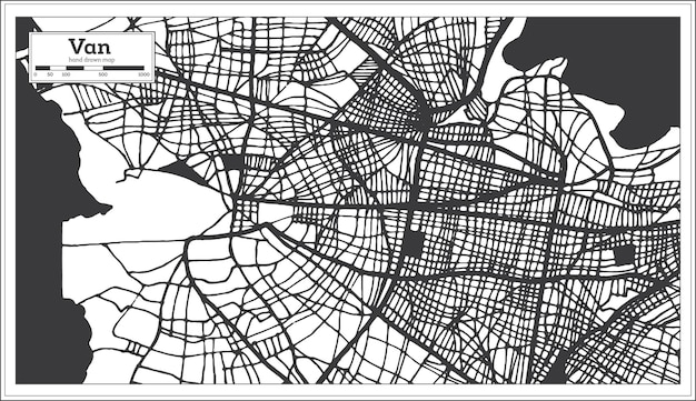 Mapa de la ciudad de Van Turquía en color blanco y negro en el mapa de contorno de estilo retro