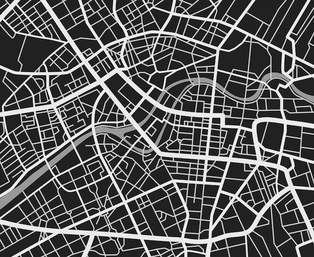 Mapa de la ciudad de viajes en blanco y negro. Transporte urbano caminos vector cartografía.