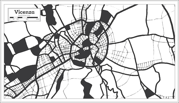 Vector mapa de la ciudad de vicenza italia en color blanco y negro en estilo retro mapa de contorno