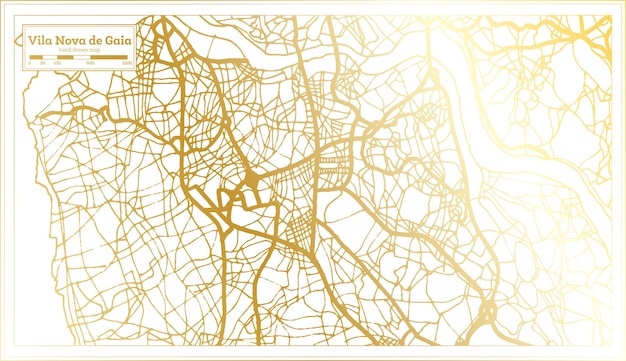 Mapa de la ciudad de Vila Nova de Gaia Portugal en estilo retro en color dorado Esquema Mapa Vector Ilustración