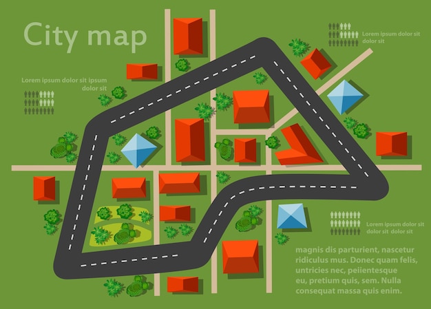 Mapa de la ciudad de la vista superior de los techos urbanos y las encrucijadas con casas