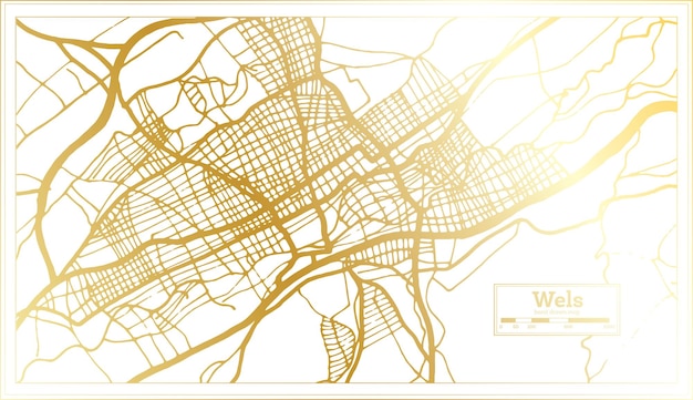 Vector mapa de la ciudad de wels austria en estilo retro en color dorado mapa de contorno