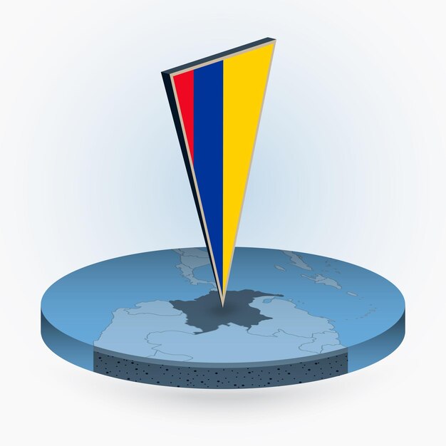 Mapa de Colombia en estilo isométrico redondo con bandera triangular 3D de Colombia