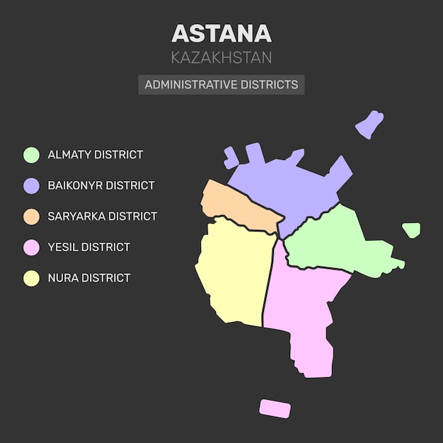 Mapa a color dibujado a mano de la capital de Kazajstán, Astana, con distritos administrativos con nombres vectoriales