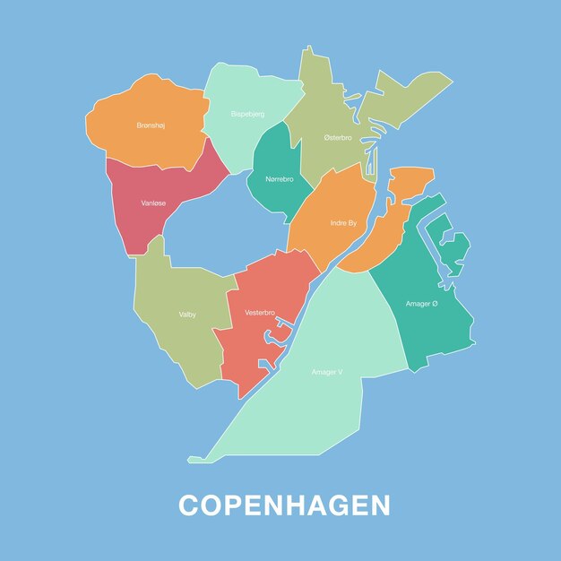 Mapa colorido de Copenhague Dinamarca con distritos administrativos etiquetados Ilustración vectorial