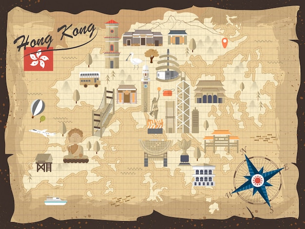 Mapa conceptual de viajes de Hong Kong vintage en diseño plano