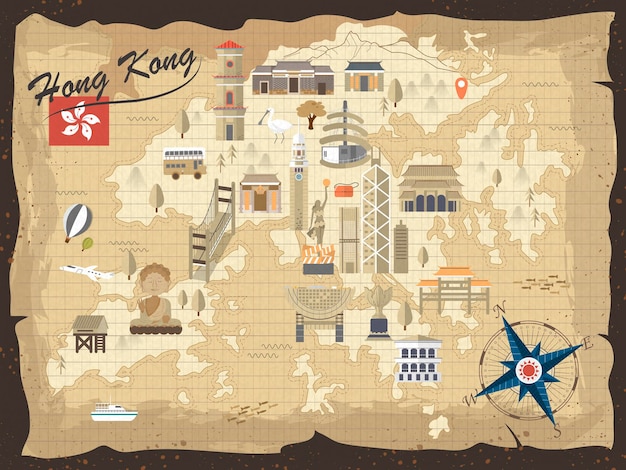 Vector mapa conceptual de viajes de hong kong vintage en diseño plano