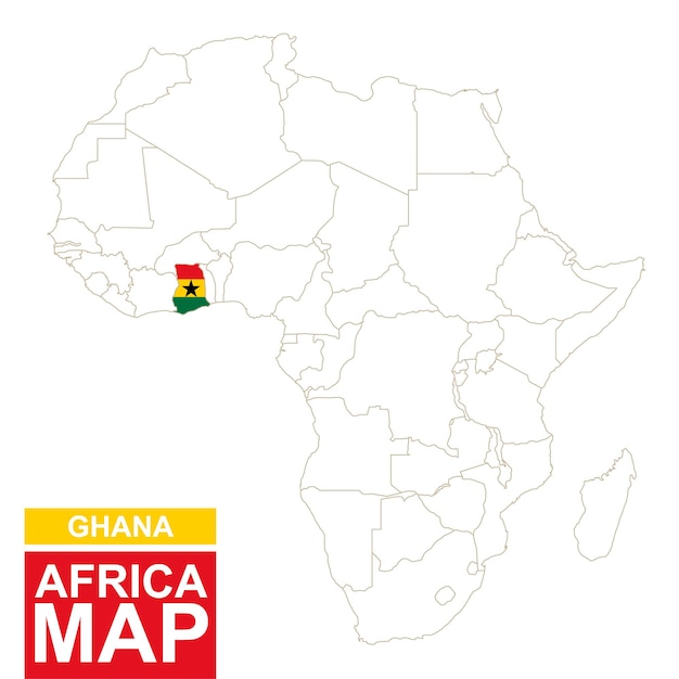 Vector mapa contorneado de áfrica con ghana resaltado. mapa y bandera de ghana en el mapa de áfrica. ilustración vectorial.