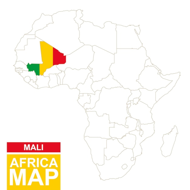 Mapa contorneado de áfrica con malí resaltado. mapa de malí y bandera en el mapa de áfrica. ilustración de vector.