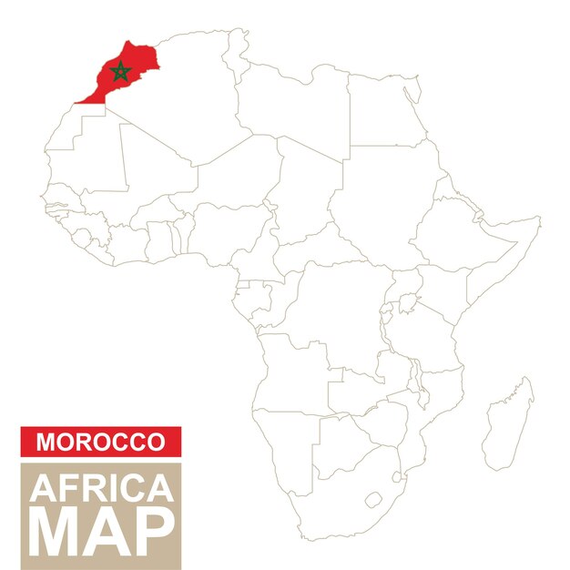 Mapa de contorno de África con Marruecos resaltado. Mapa de Marruecos y bandera en el mapa de África. Ilustración de vector.