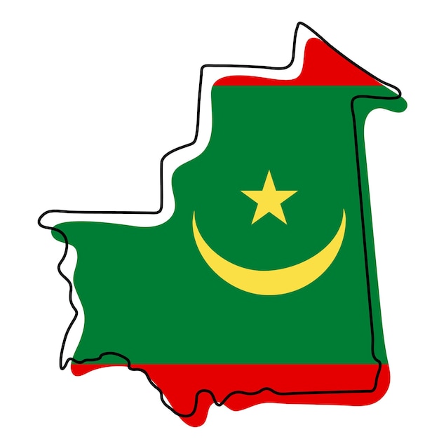 Mapa de contorno estilizado de mauritania con el icono de la bandera nacional. mapa de color de la bandera de la ilustración de vector de mauritania.