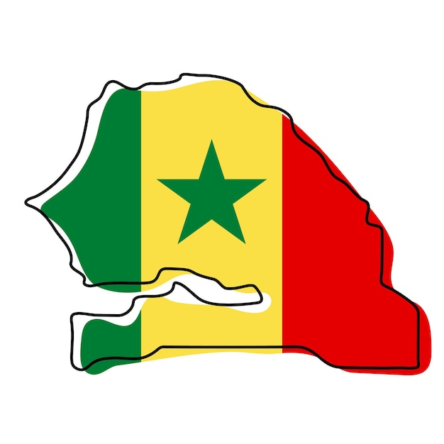 Mapa de contorno estilizado de senegal con el icono de la bandera nacional. mapa de color de la bandera de la ilustración de vector de senegal.