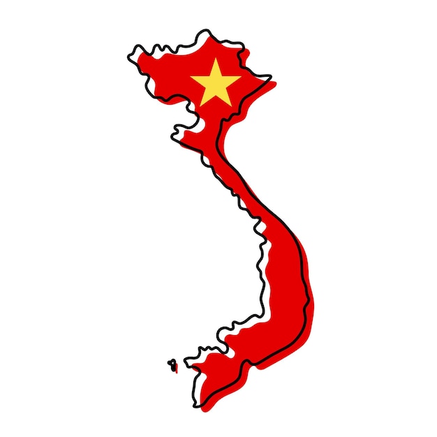 Mapa de contorno estilizado de Vietnam con el icono de la bandera nacional. Mapa de color de la bandera de la ilustración de vector de Vietnam.