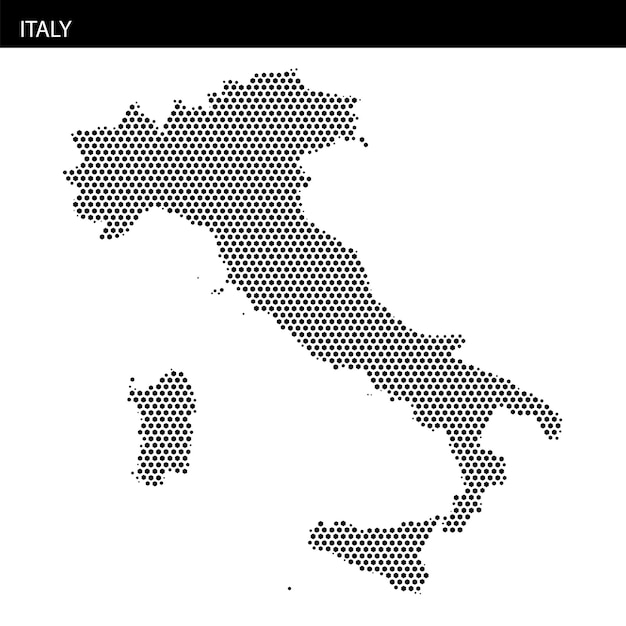 Mapa del contorno de Italia con patrón de puntos hexagonales con fines educativos y de diseño