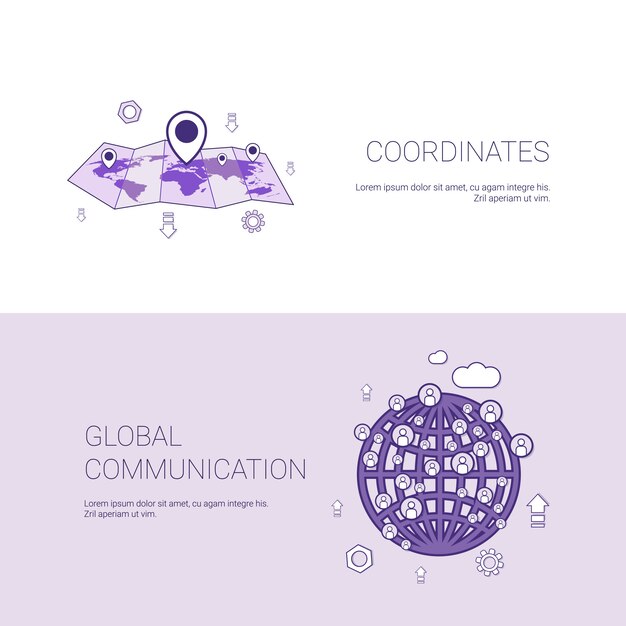 Mapa de coordenadas gps y banner de plantilla de comunicación global