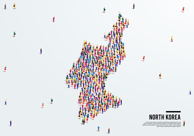 Mapa de Corea del Norte. Un gran grupo de personas se forman para crear una forma de Mapa de Corea del Norte. vector.