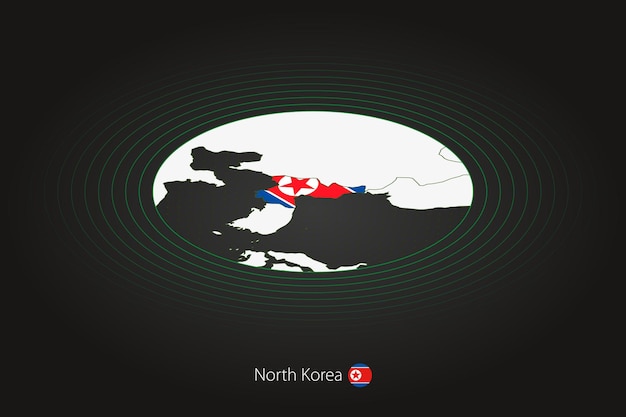 Mapa de corea del norte en un mapa ovalado de color oscuro con los países vecinos