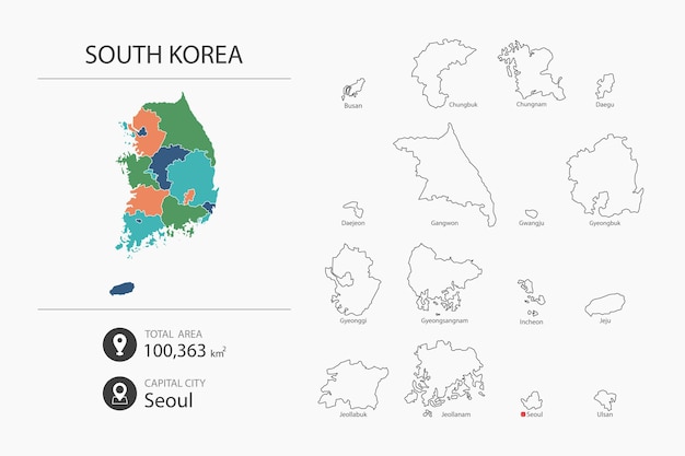 Mapa de Corea del Sur con mapa detallado del país Elementos del mapa de ciudades áreas totales y capital