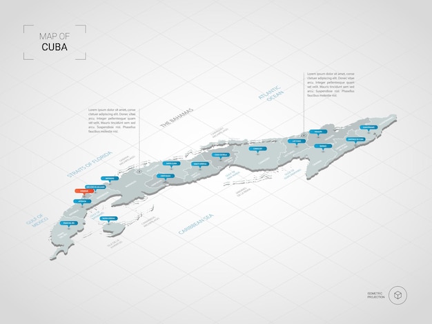 Mapa de Cuba isométrica. Ilustración de mapa estilizado con ciudades, fronteras, capitales, divisiones administrativas y marcas de puntero; fondo degradado con rejilla.