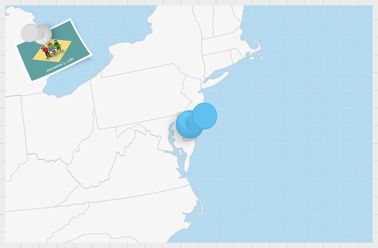 Vector mapa de delaware con un alfiler azul anclado bandera de delaware