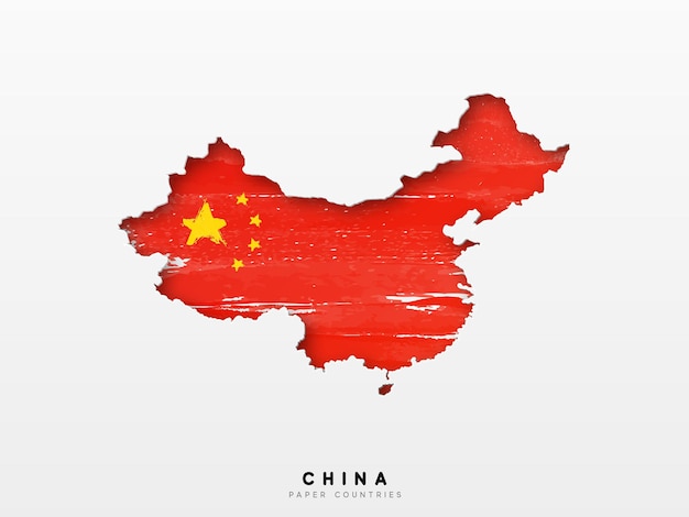 Mapa detallado de China con bandera del país. Pintado en colores de pintura acuarela en la bandera nacional.